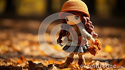 a little girl wearing an orange hat stands in a field of fallen leaves Stock Photo