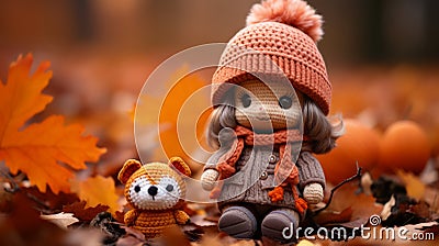 a little girl wearing an orange sweater and hat sits on the ground next to an orange stuffed animal Stock Photo