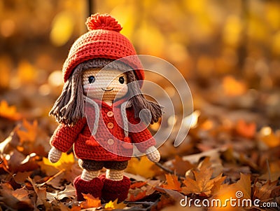 a little girl wearing a red coat and boots standing in a pile of fallen leaves Stock Photo