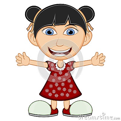 Little girl wearing a red dress cartoon Vector Illustration