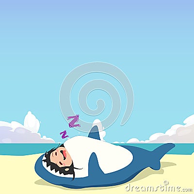 little girl wearing a shark costume character sleeping isolated on a beach background. little girl wearing a shark costume Cartoon Illustration