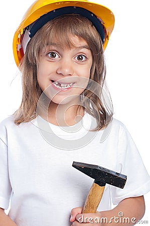 Little girl wearing yellow hard hat Stock Photo