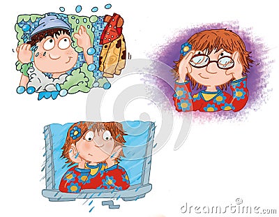 little girl at the window, yes baby washes, little girl tries a pair of glasses Stock Photo