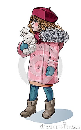 Little Girl in Winter Cloth, Bunny Rabbit Sketch Vector Illustration