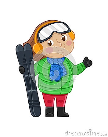 Little girl in winter clothes holding skis Cartoon Illustration