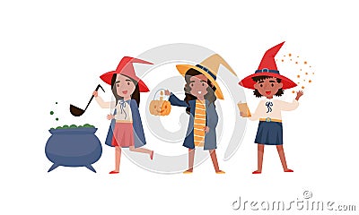 Little Girl Witch in Conical Hat Cooking Magic Potion in Cauldron and Learning Spell Vector Set Vector Illustration