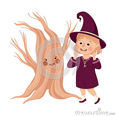 Little Girl Witch Wearing Purple Dress and Pointed Hat Standing Near Talking Tree Vector Illustration Vector Illustration