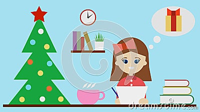 Little girl writes a letter to Santa Clause and thinks about a gift 3D illustration Cartoon Illustration