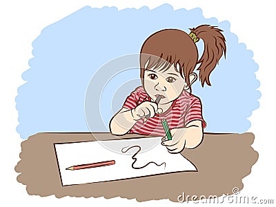 Little girl writing in the paper. Vector Illustration