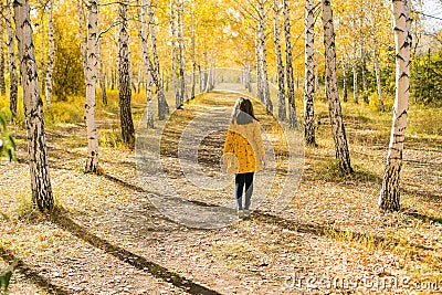 Little girl in in yellow dress in beautiful autumn park. Autumn fall concept Editorial Stock Photo