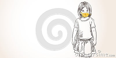 Little girl in yellow face mask for coronavirus prevention, child standing calm and looking straight portrait Vector Illustration