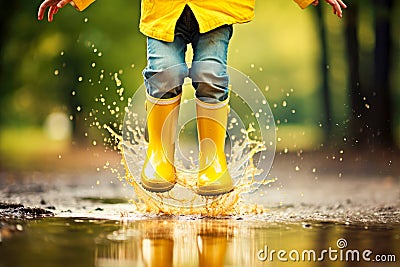 Little girl in yellow rubber boots jumping in puddles in autumn rain. Generative AI Stock Photo