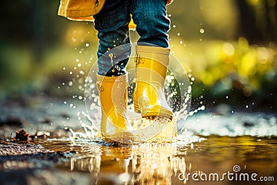 Little girl in yellow rubber boots jumping in puddles in autumn rain. Generative AI Stock Photo