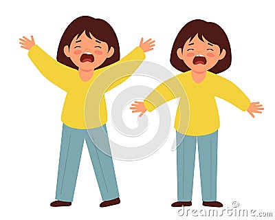 Little girls cry out loud. Upset children scream in hysterics. Vector Illustration