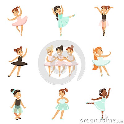 Little Girls Dancing Ballet In Classic Dance Class, Future Professional Ballerina Dancers Vector Illustration