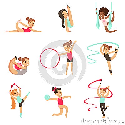 Little Girls Doing Gymnastics And Acrobatics Exercises In Class Set Of Future Sports Professionals Vector Illustration