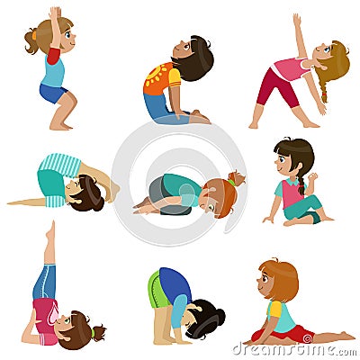 Little Girls Doing Yoga Set Vector Illustration