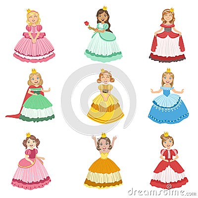 Little Girls Dressed As Fairy Tale Princesses Vector Illustration