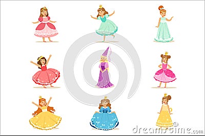 Little Girls In Princess Costume In Crown And Fancy Dress Set Of Cute Kids Dressed As Royals Illustrations Vector Illustration