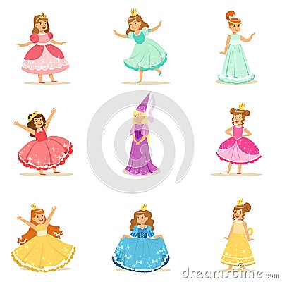 Little Girls In Princess Costume In Crown And Fancy Dress Set Of Cute Kids Dressed As Royals Illustrations Vector Illustration