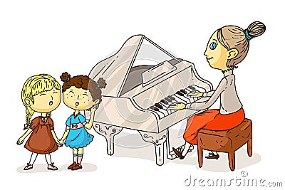 Little girls singing song and teacher plating piano isolated on white. Woman and kids. Cartoon chorus people characters Vector Illustration