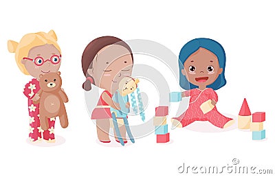 Little girls and toddler play toys. Vector Illustration