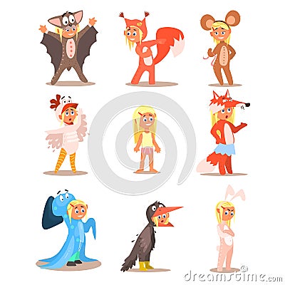 Little Girls Wearing Animal Costumes. Vector Set Vector Illustration