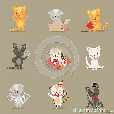 Little Girly Cute Kittens Cartoon Characters Different Activities And Situations Set Vector Illustration