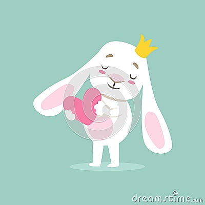 Little Girly Cute White Pet Bunny In Princess Crown Holding A Pink Heart, Cartoon Character Life Situation Illustration Vector Illustration