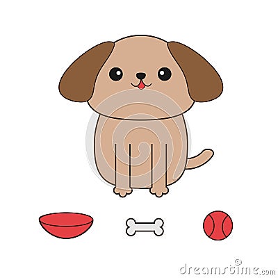 Little glamour tan Shih Tzu dog. Ball toy, bone, bowl. Vector Illustration