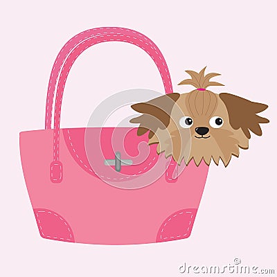 Little glamour tan Shih Tzu dog in the pink bag. Vector Illustration