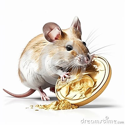 Little gray mouse nibbles on a gold coin, isolated on white close-up. Cartoon Illustration