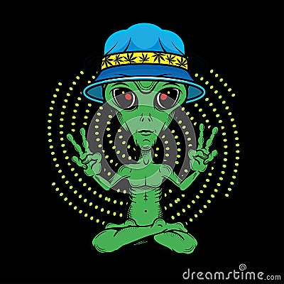 Little green alien meditating. Alien Yoga showing piece signs. Cannabis Culture. Vector Illustration.Vector Illustration Vector Illustration