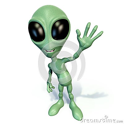 Little green alien waving Stock Photo