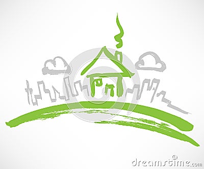 Little Green House on the Hill Vector Illustration