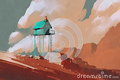 Little green house on large boulders Cartoon Illustration