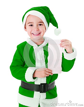 Little green Santa Claus boy showing wish list Stock Photo
