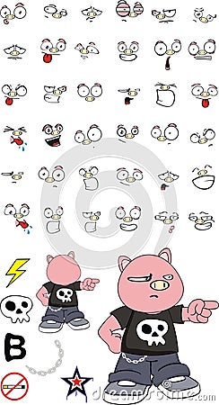 Little grumpy pig cartoon expressions set Vector Illustration