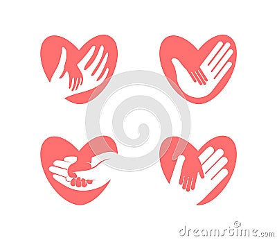 Little hand in big hand in heart silhouette, vector icon set. Charity, hold, help and care company logo template. Flat Vector Illustration