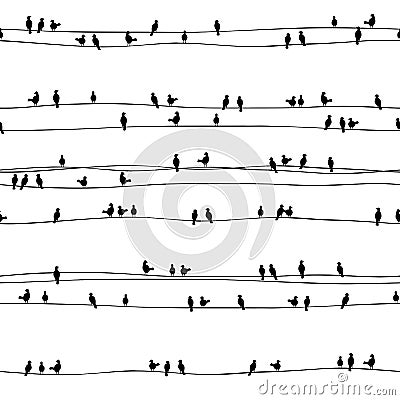 Little hand drawn birds on wires Vector Illustration