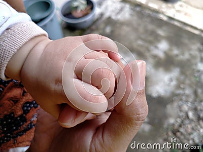 Family concept protection and happiness, the baby`s hand is held by the mother Stock Photo