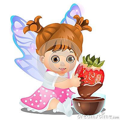 A little happy animated girl with fairy wings holding a delicious strawberry dipped in chocolate isolated on white Vector Illustration