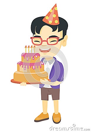 Asian child holding birthday cake with candles Vector Illustration