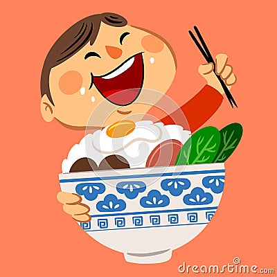 A little happy boy eating a big bowl of rice with chopsticks Vector Illustration
