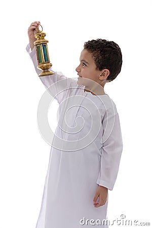 Little Happy Boy with Lantern Celebrating Ramadan Stock Photo