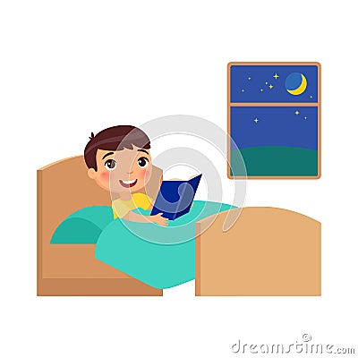 Little happy boy lies in bed and reads a book before sleep Vector Illustration