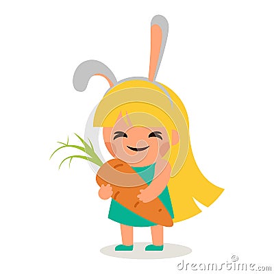 Little Happy Girl Hare Bunny Ears Big Tasty Carrot Symbol Smiling Child Vector Illustration