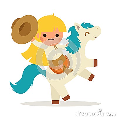 Little Happy Girl Ride Horse Pony Cowboy Cowgirl Waving Hat Symbol Smiling Child Icon Concept Flat Design Vector Illustration