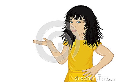 Little happy girl showing or offering something on empty space. Stock Photo