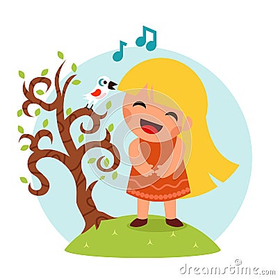 Little Happy Girl Sing Bird Tree Symbol Smiling Child Icon Concept Flat Design Vector Illustration Vector Illustration